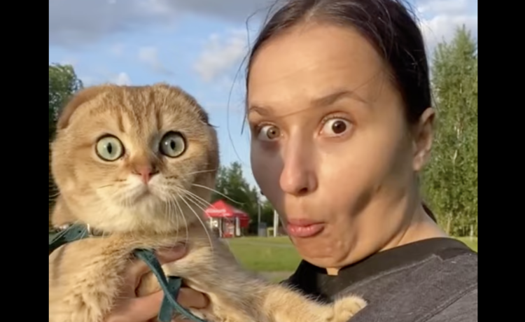 飼い主さんの顔真似 変顔で猫さんとツーショット