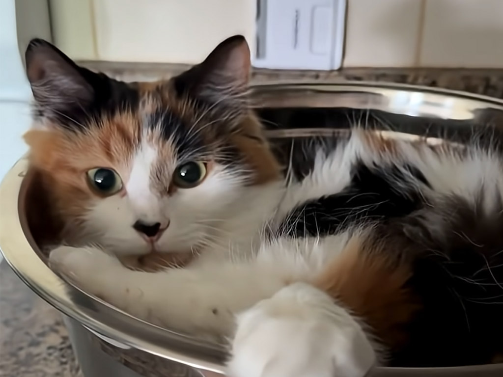 狭いボウルの中で体をねじる猫さん、飼い主の「〇〇みたい」発言がぴったり