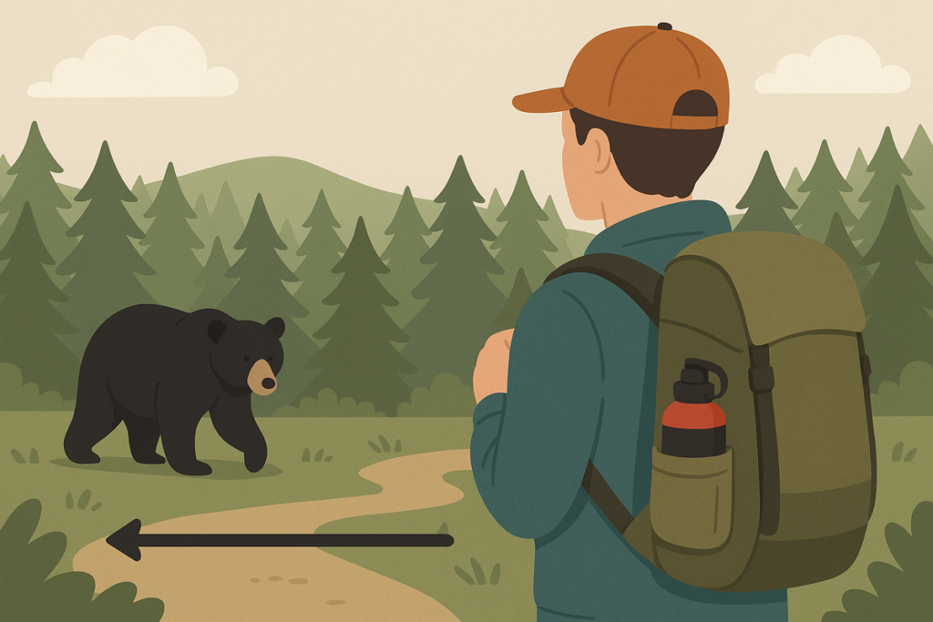 熊に遭遇した際の距離別行動の図解（20m／10m／5m）