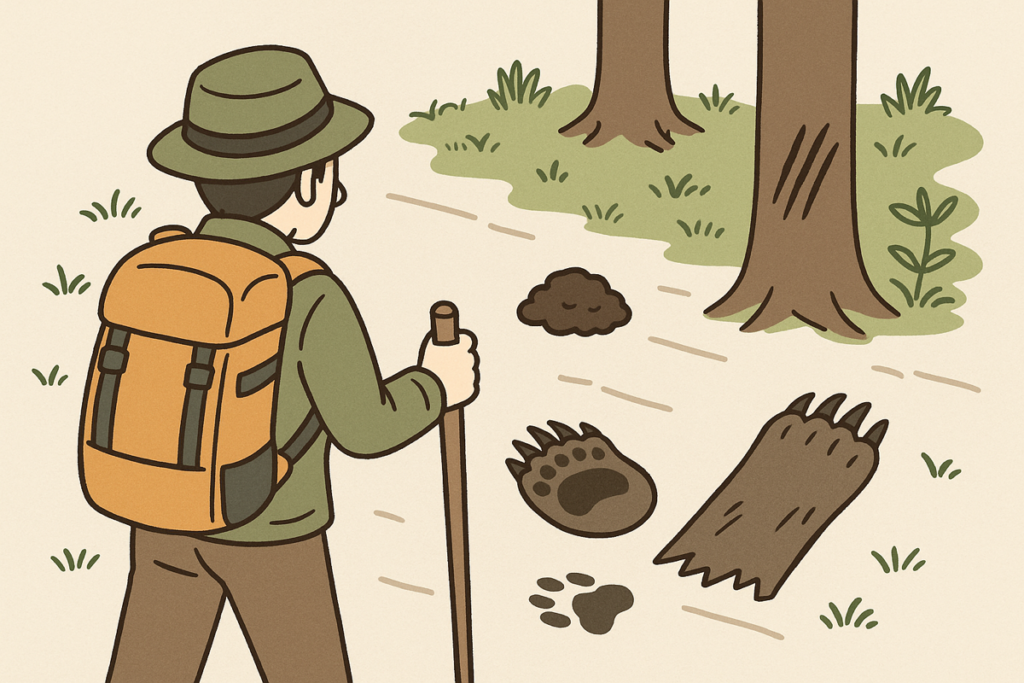 登山道に残されたクマの足跡・フン・爪痕が描かれ、登山者が引き返す判断をしている図。