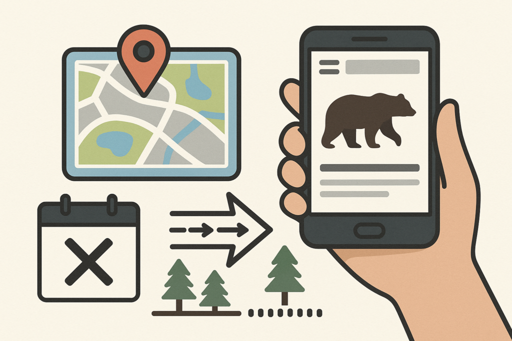 スマートフォンで自治体のクマ出没情報マップを確認している図。位置情報と日付が強調されている。