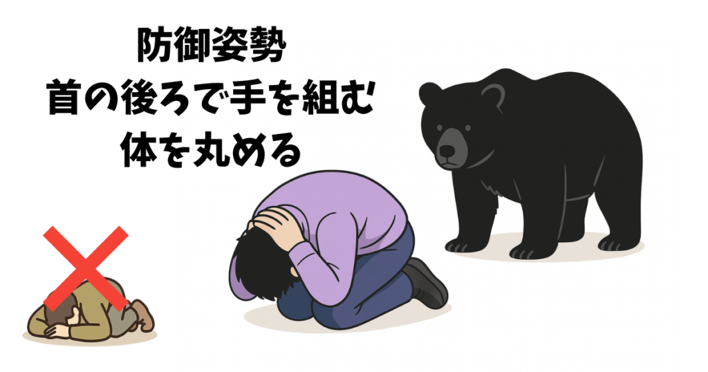 クマが突進する直前、登山者がうつ伏せになり頭部を腕で守る姿勢を示した安全行動図。