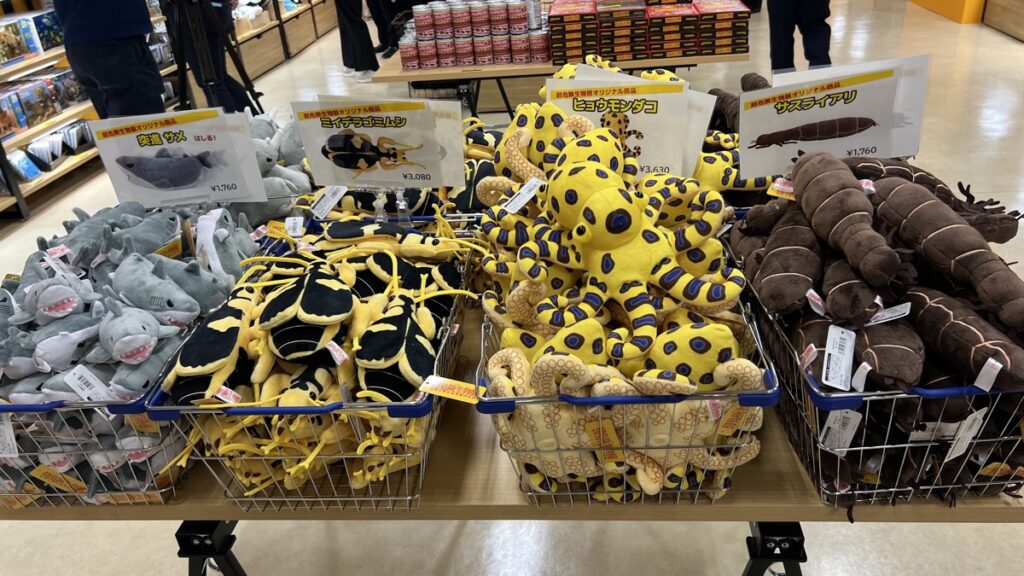 ぬいぐるみ左から:突進サメ・ミイデラゴミムシ・ヒョウモンダコ・サスライアリ女王